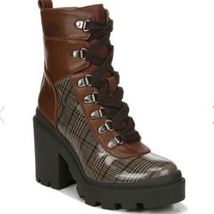 Circus plaid heeled combat boots. Never worn.